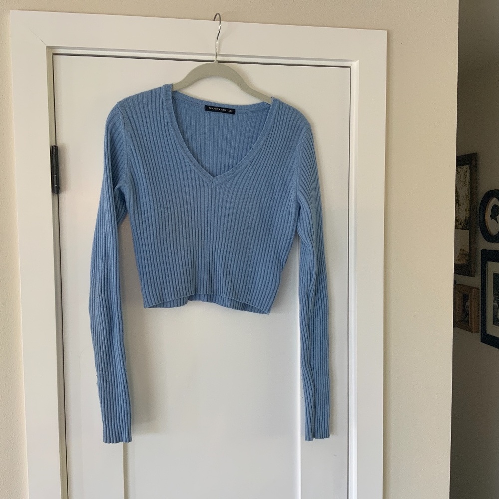 Brandy Melville Blue V-Neck Ribbed Sweater